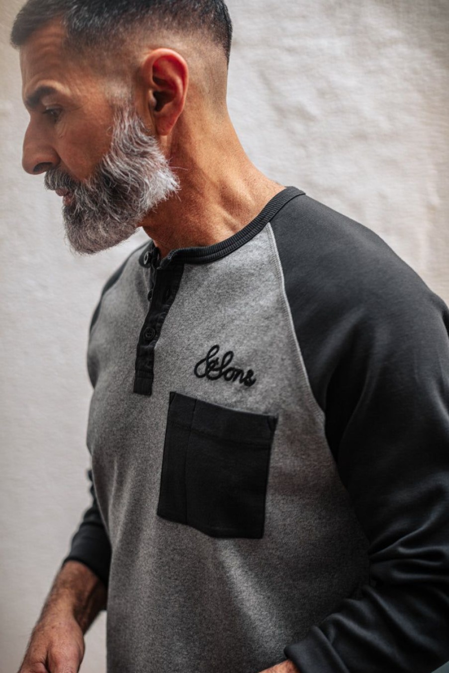 &SONS &Sons Infield Raglan Henley Shirt Grey/Charcoal Wholesale